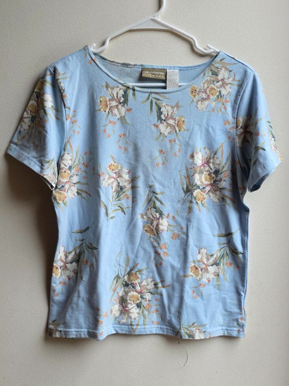 Liz Claiborne Lizwear Blue Floral Scoop Neck Top Size Medium